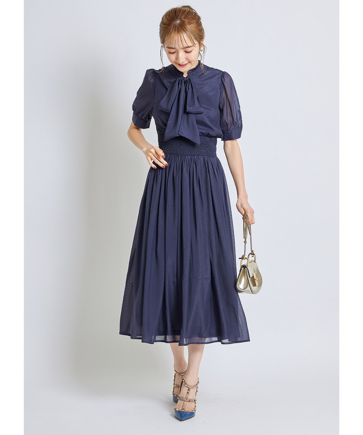 日本 tocco-closet - 2WAY甜美蝴蝶結雪紡洋裝-海軍藍