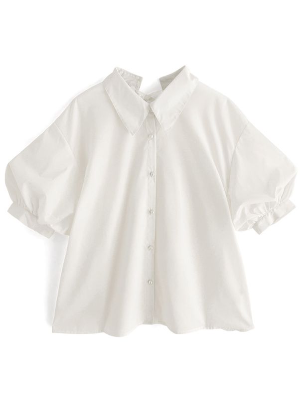 日本 GRL - 後綁帶翻領泡泡袖襯衫-米白 (F)