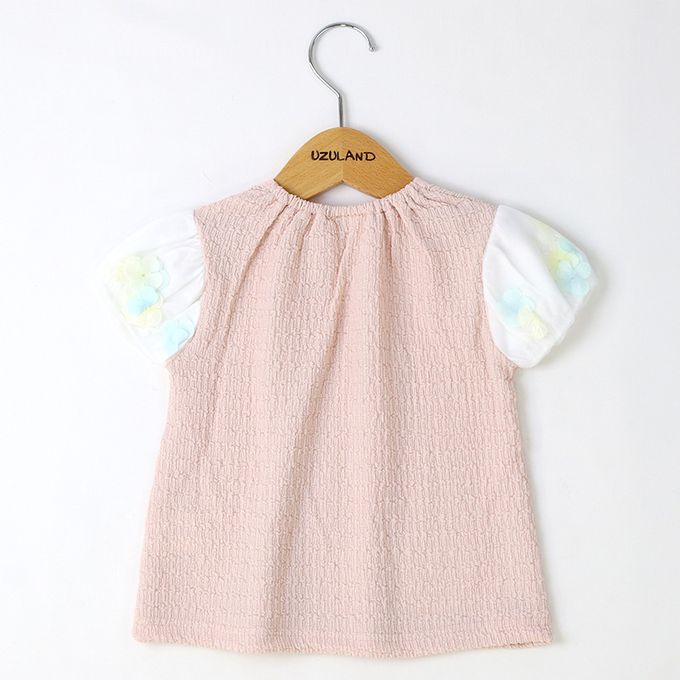 日本 ZOOLAND - 楊柳天竺棉花朵澎澎短袖上衣-粉紅