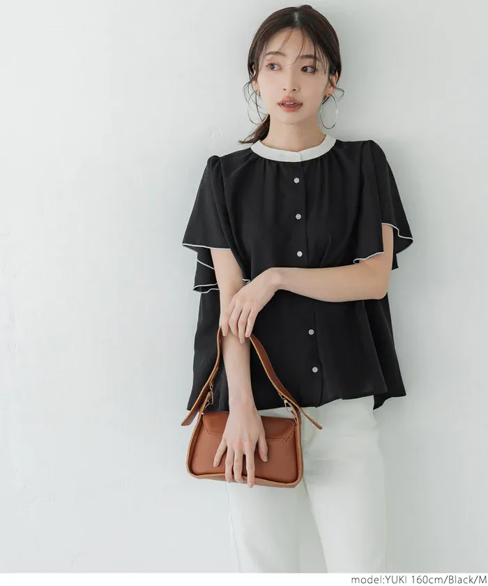 日本 COCA - 簡約撞色雪紡荷葉短袖襯衫-白