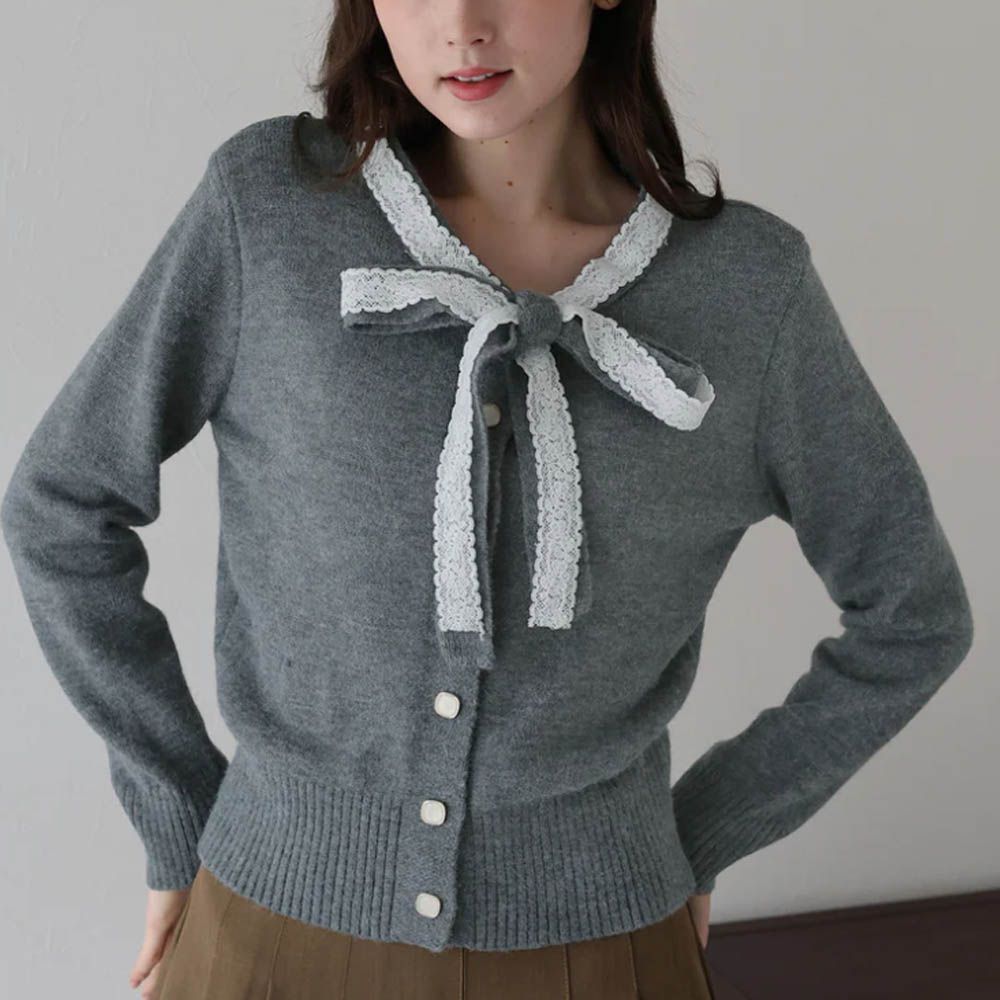 少女爛漫蕾絲蝴蝶結開襟衫-灰