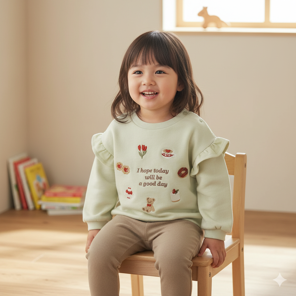 長袖休閒上衣-荷葉邊袖 刺繡-綠色