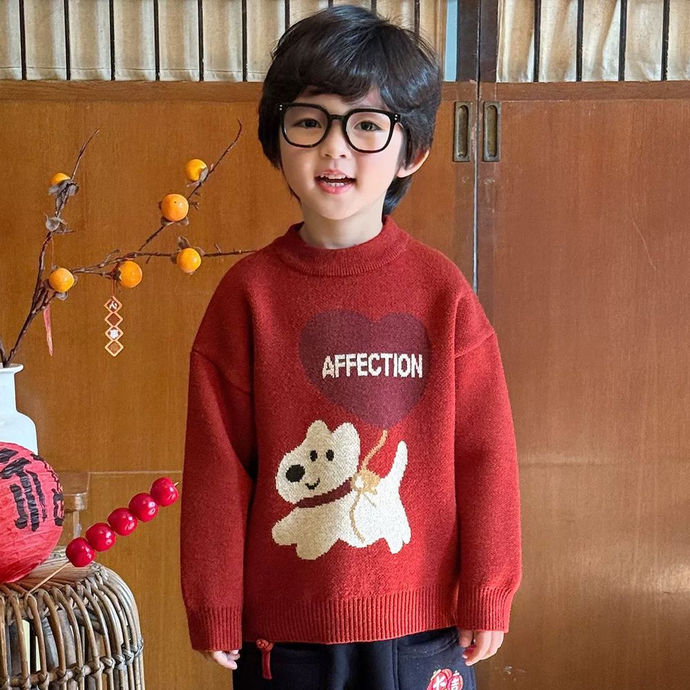 加厚保暖針織長袖上衣-氣球狗狗-紅色