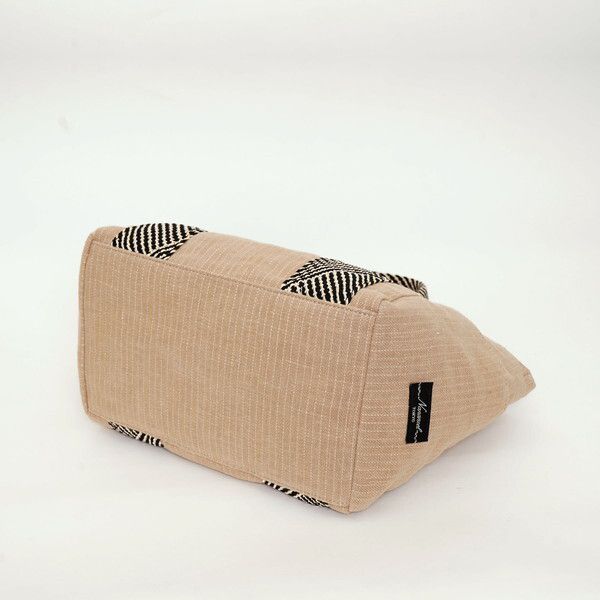 日本 COOCO - 棉麻條紋拼接手提包-黃 (27.5x24x16cm)