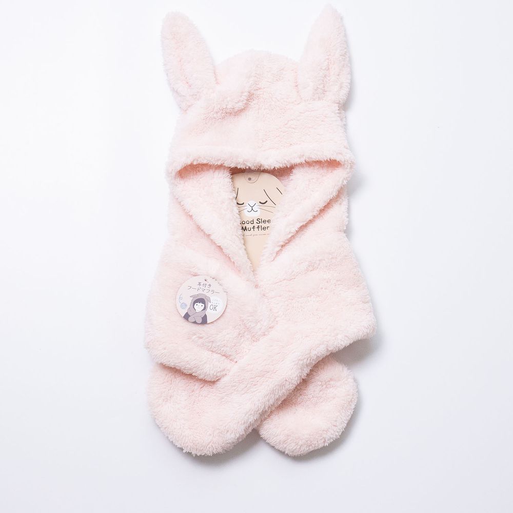 日本 AUBE - 毛茸茸保暖圍脖帽(親子通用款)-兔耳造型-淺粉 (Free size)