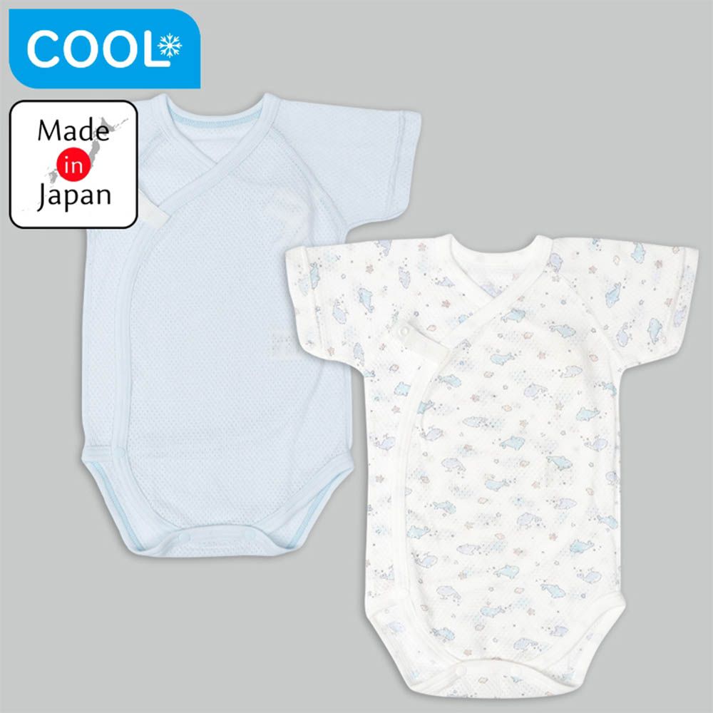 短袖網眼包屁衣2件組-鯨魚-淺藍色 (50~60cm)-日本製