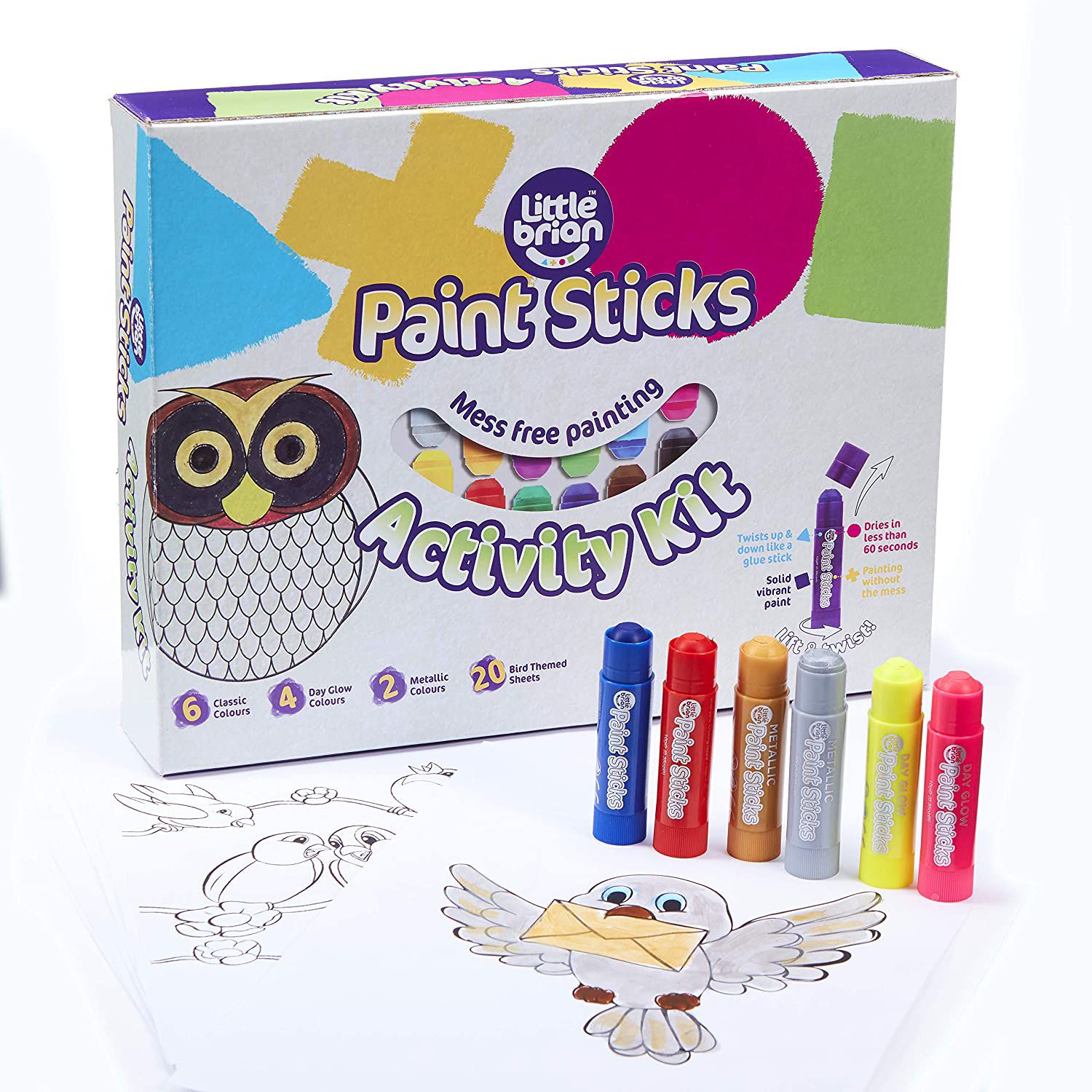 英國Little Brian - 水彩棒畫畫遊戲盒(經典組)-水彩棒經典色6支+螢光色4支+金屬色2支+20張著色頁