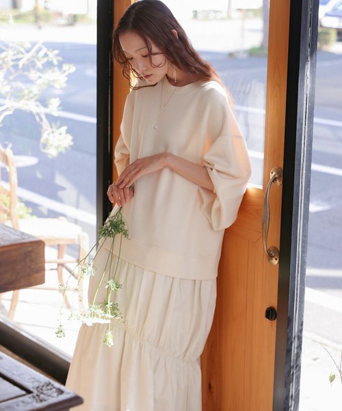 日本 Bab - 柔美造型皺摺拼接長袖洋裝-淺杏