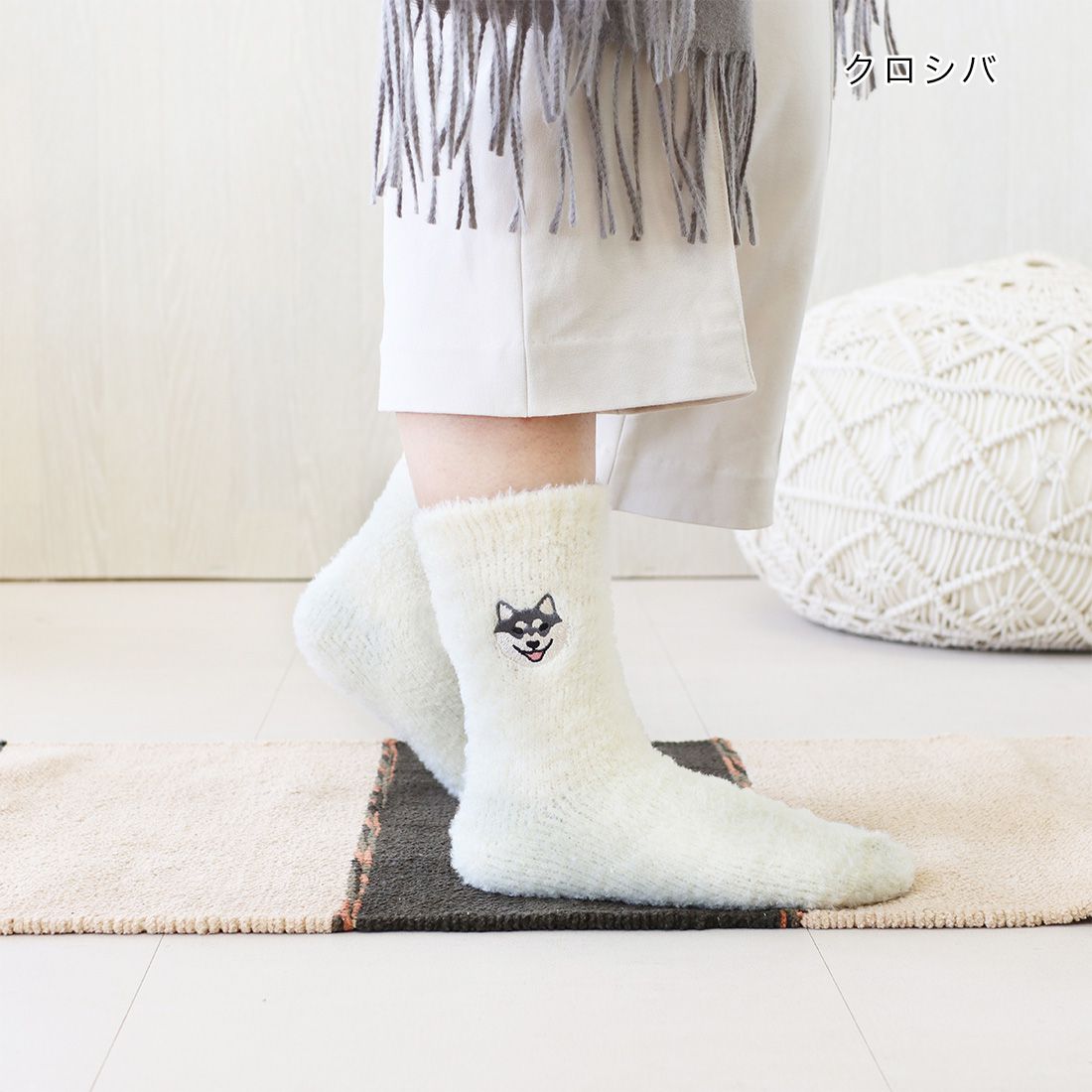 日本 TOMO - 可愛動物刺繡毛絨保暖襪-柴犬-淺棕 (22-25cm)