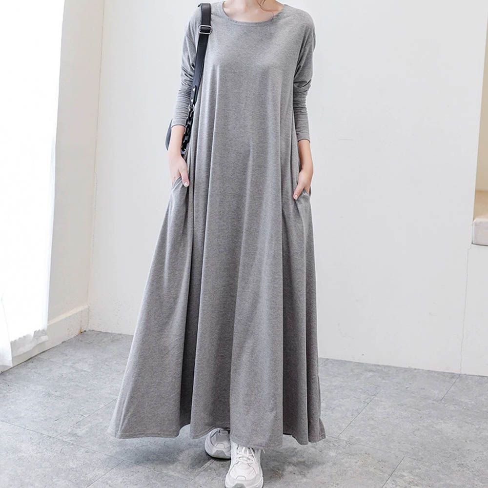 3D立體剪裁顯瘦長袖長洋裝-灰色