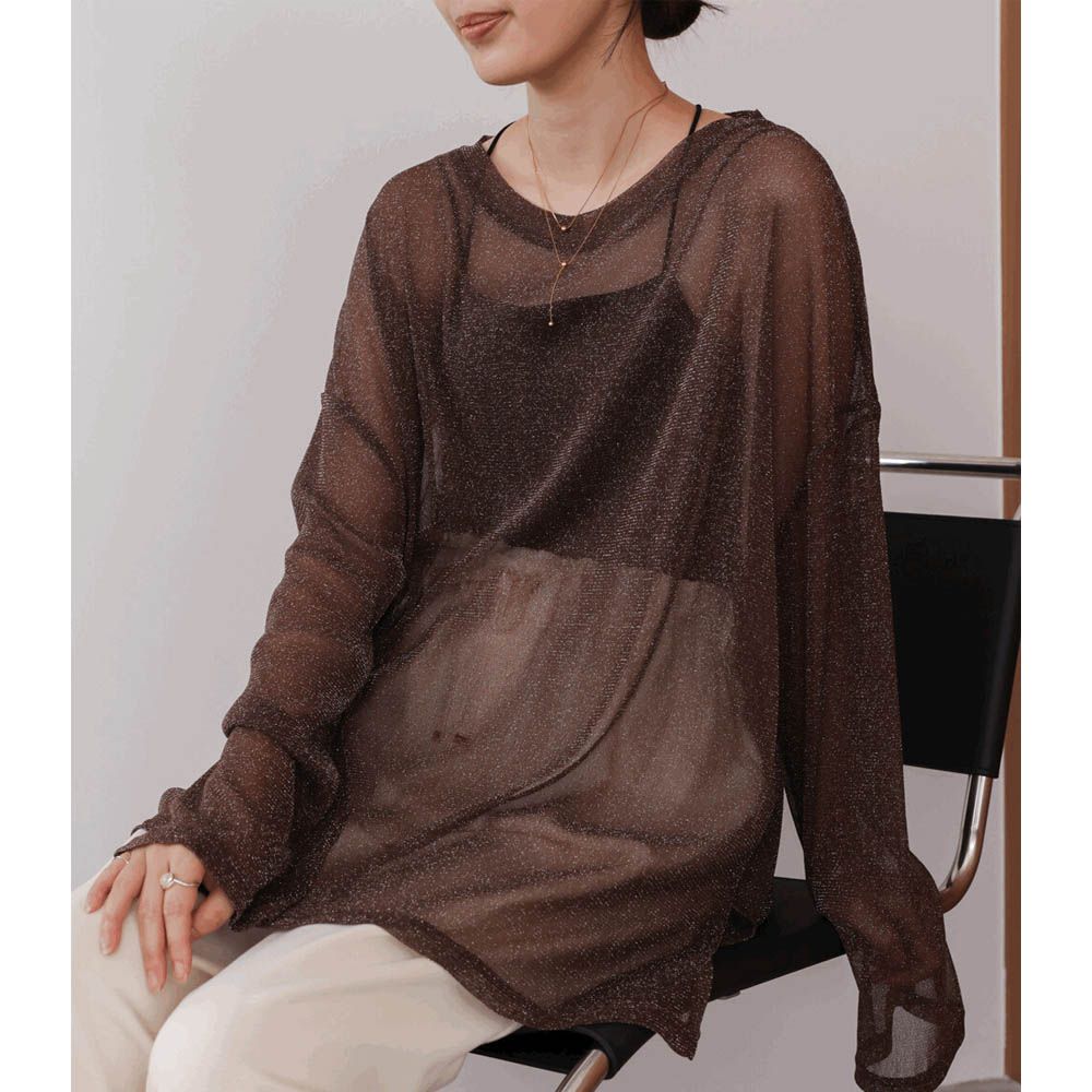 光澤閃耀透膚寬版長袖上衣-咖啡