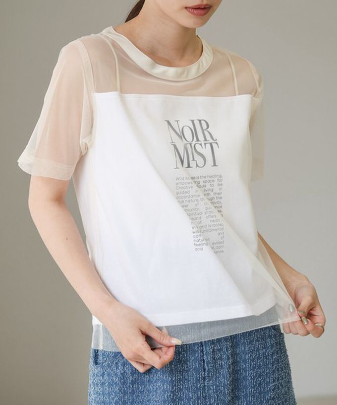 日本 Bab - 個性風透膚薄紗層次短袖上衣-英文字印花-白