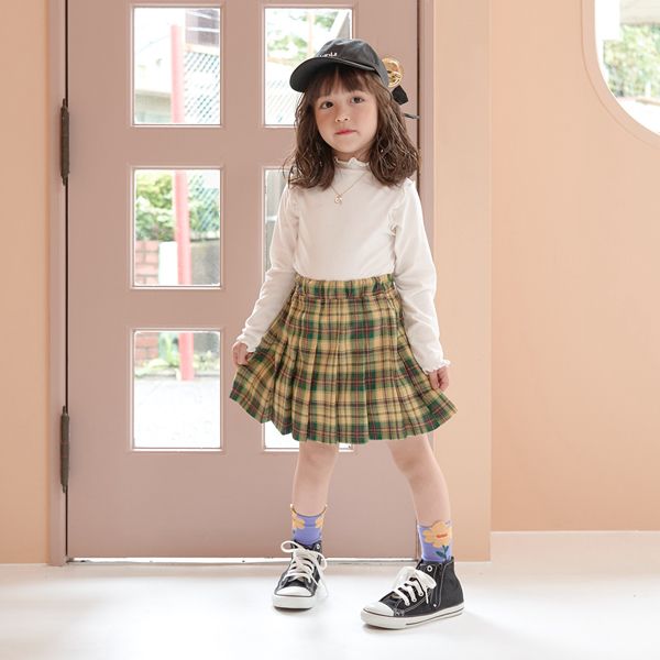 日本 Lycee mine - 學院風百摺格子裙-黃綠系