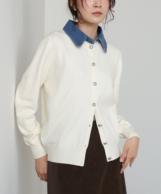 日本 Bab - 牛仔領時尚休閒感針織開襟衫-海軍藍