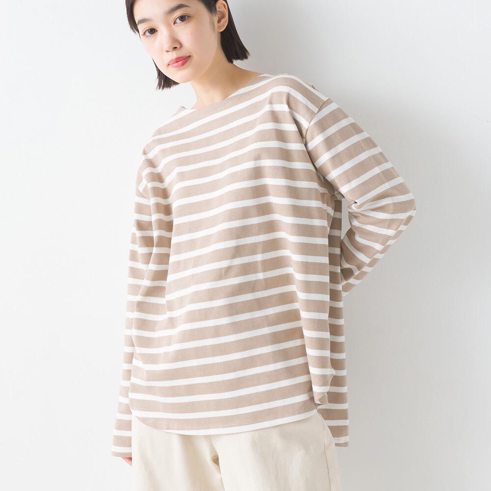 日本 OMNES - [下擺圓弧]純棉厚磅條紋長袖上衣-棕x白