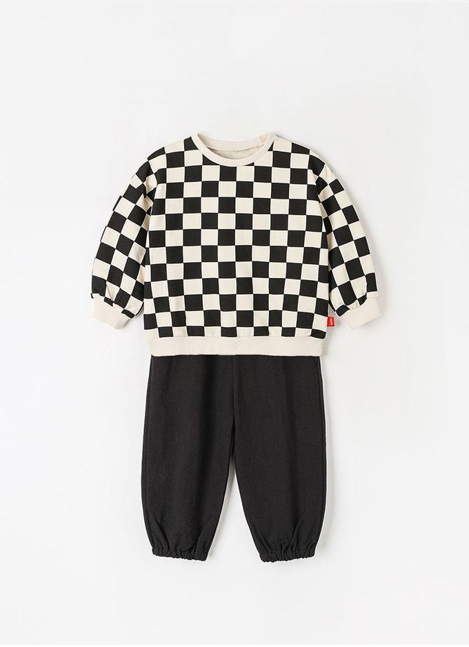 韓國 OZKIZ - 棋盤格紋長袖縮口褲套裝-黑