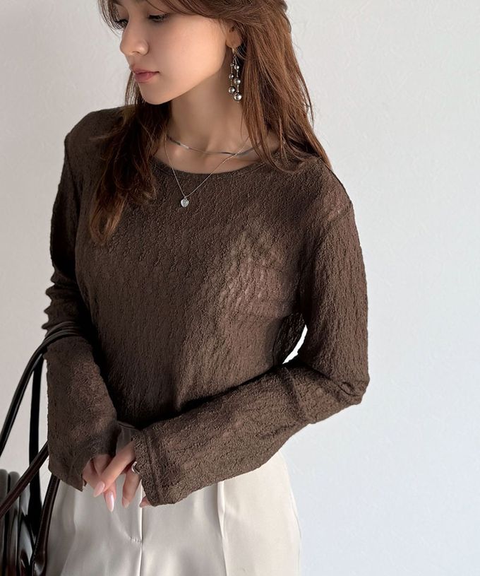 日本 Classical Elf - 網狀蕾絲透膚圓領長袖上衣-咖啡