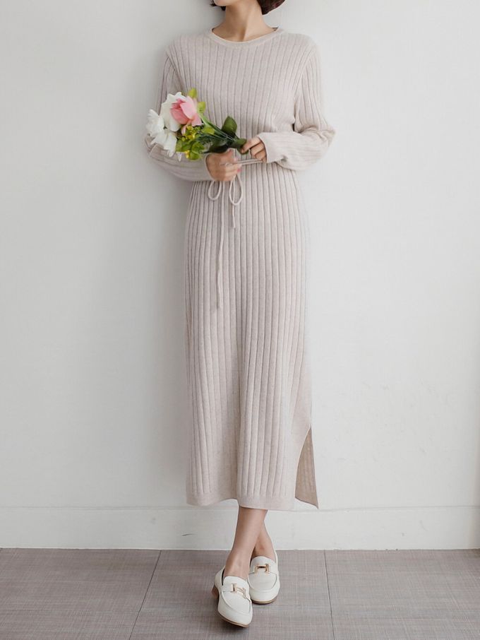 韓國女裝連線 - 喀什米爾羊毛針織連身洋裝-米杏 (FREE)