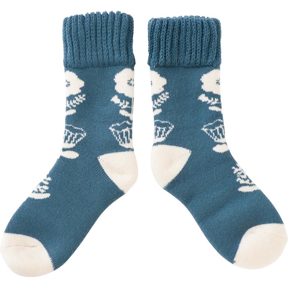 日本小泉 - 北歐風刷毛家居保暖襪-花朵線條-深灰藍 (M(-24.5cm))