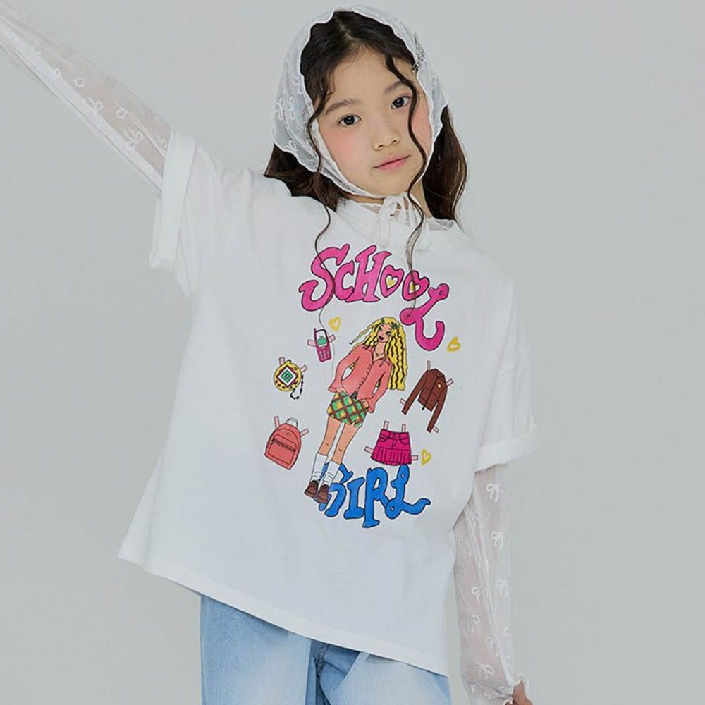 美式辣妹圖案寬鬆短袖上衣-象牙白