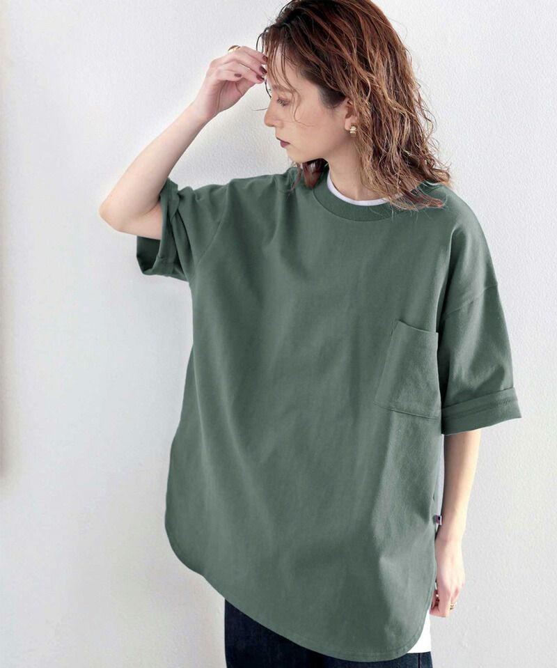 日本 Classical Elf - 100%美國棉厚磅落肩長版短袖上衣-藍綠