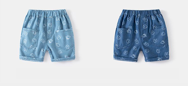 WELLKIDS - 腰鬆緊休閒牛仔五分褲-萌萌小動物-深藍色