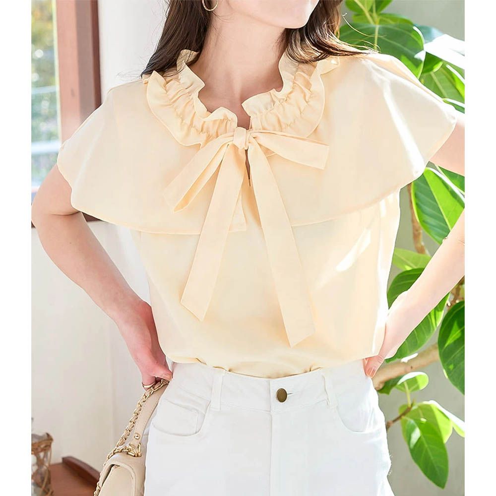 蝴蝶結甜美斗篷領無袖上衣-奶油黃