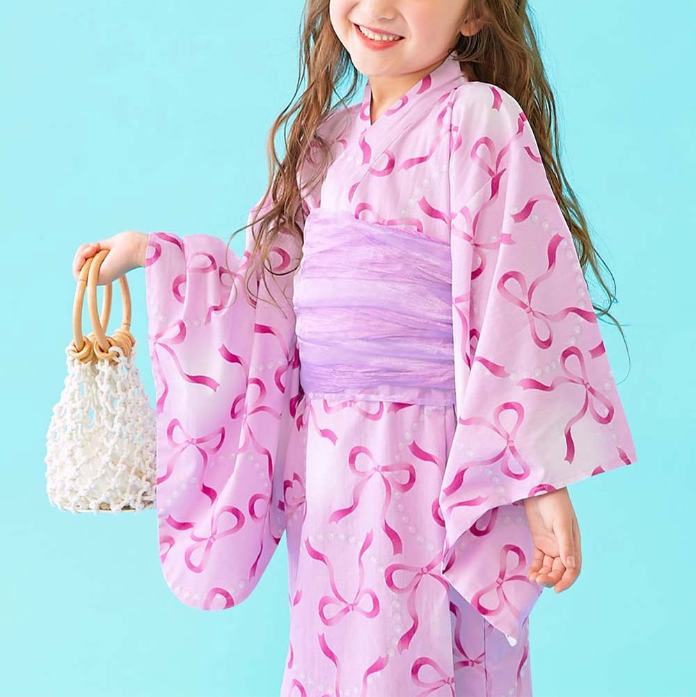 純棉方便穿套頭式夏日夢幻浴衣(2件組)-漸層蝴蝶結-粉紅