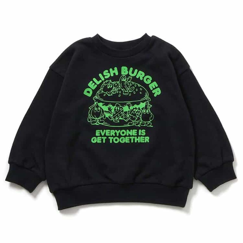 美式印花純棉裏毛長袖上衣-漢堡大餐-黑