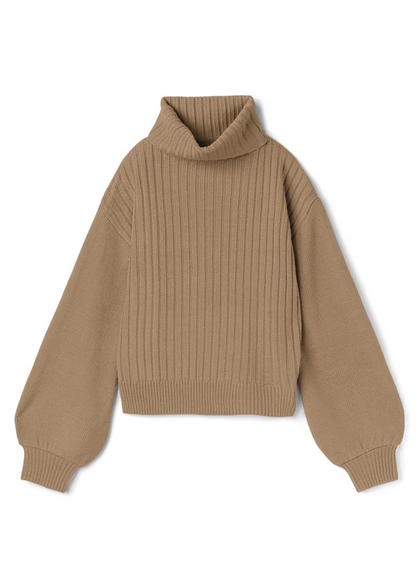 日本 GRL - 寬鬆高領羅紋針織上衣-杏褐