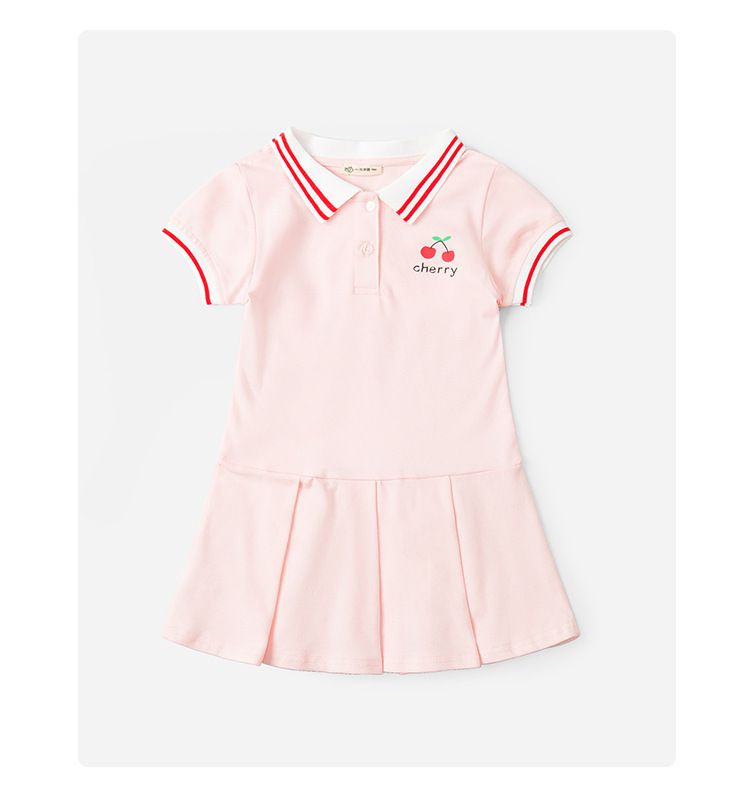 POLO運動風百摺短袖洋裝-櫻桃小圖-粉色