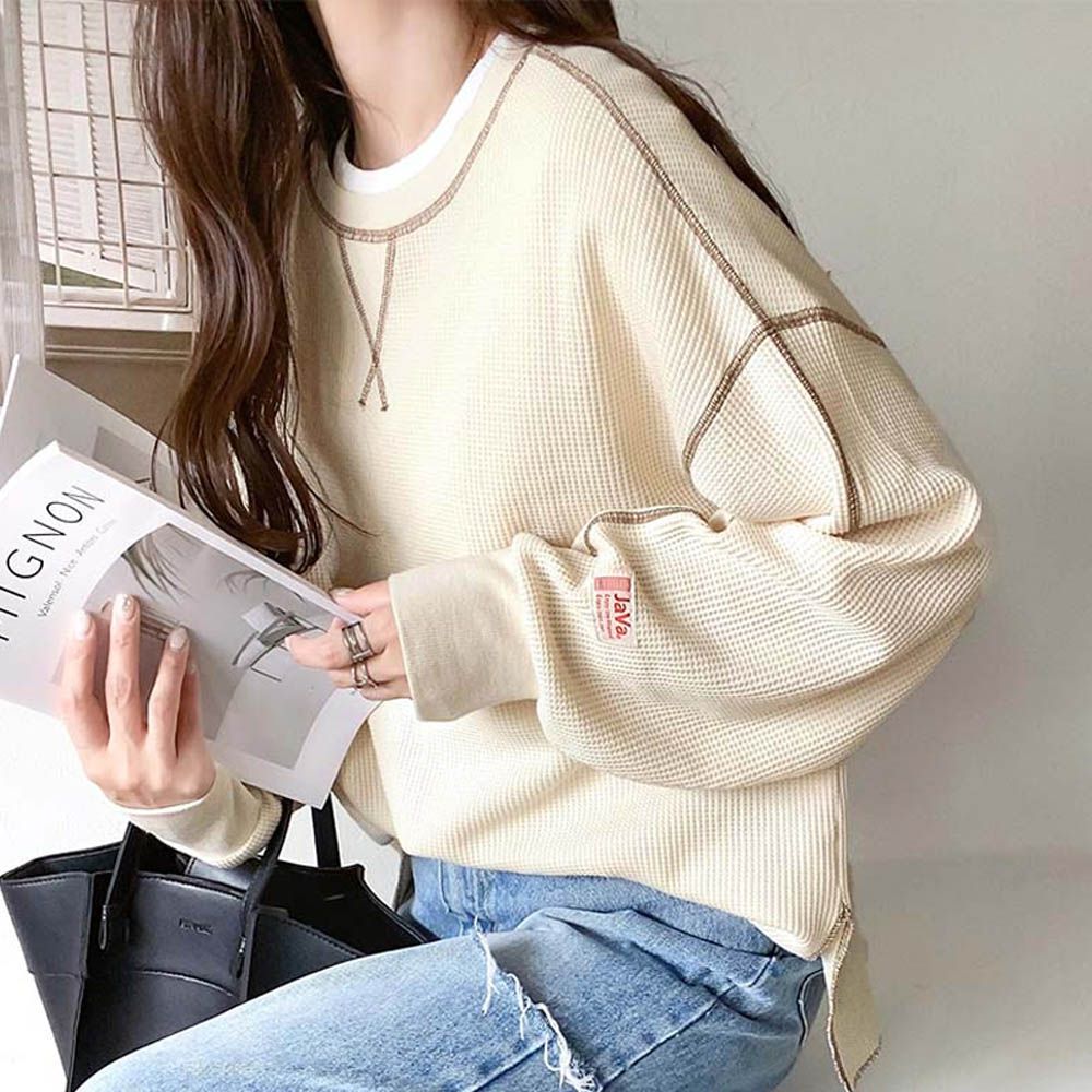 Java 華夫格車線薄長袖上衣-象牙米