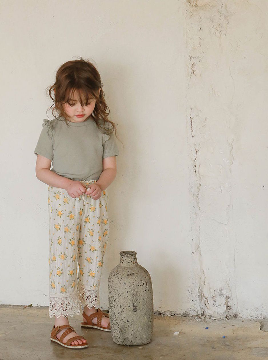 韓國 Puellaflo - 荷葉裝飾袖針織短袖上衣-灰綠