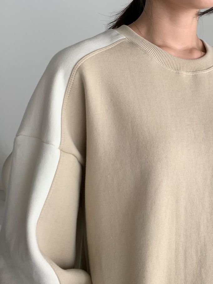 韓國女裝連線 - 撞色設計內磨毛大學T-卡其X米白 (FREE)