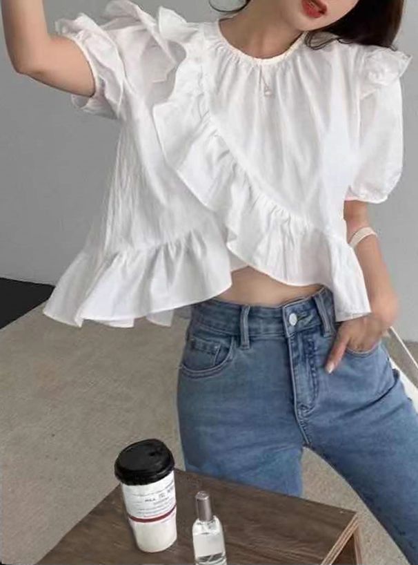 日本 GRL - 不規則層次荷葉邊短袖上衣-水藍