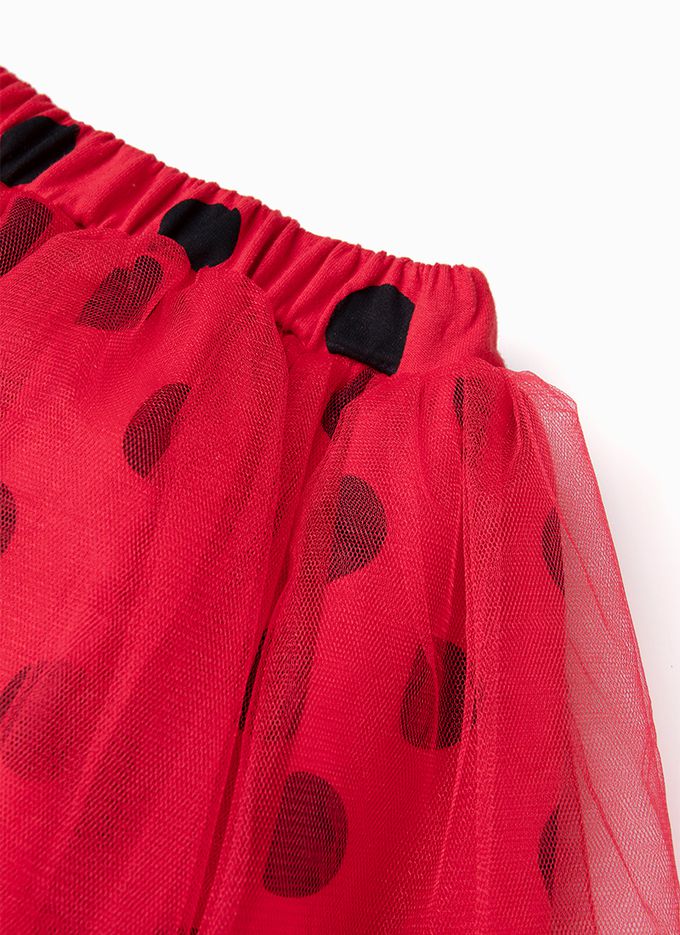 韓國 OZKIZ - (附髮箍)鬆緊腰瓢蟲點點網紗裙-紅X黑