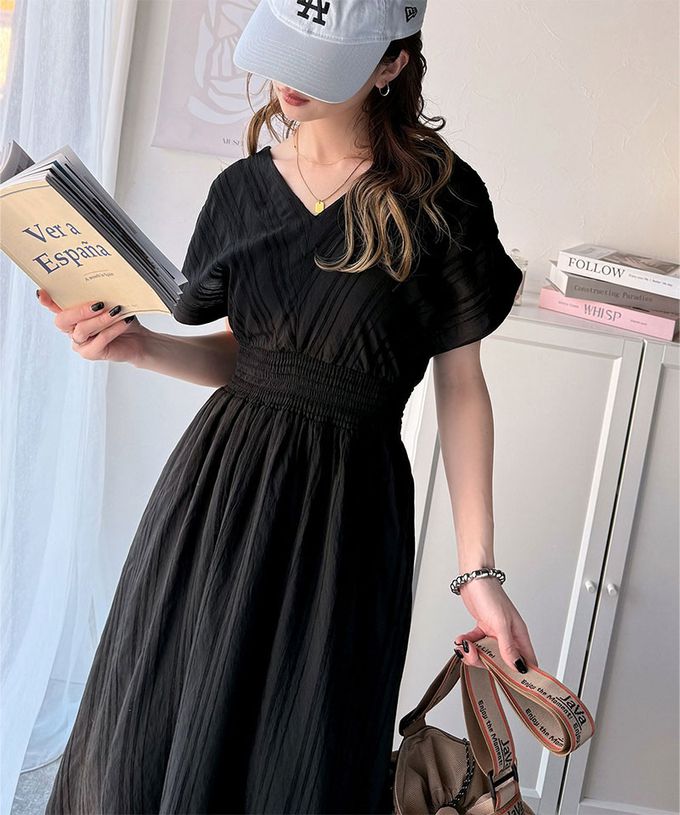 日本 Classical Elf - 氣質V領縮腰修身短袖洋裝-咖啡