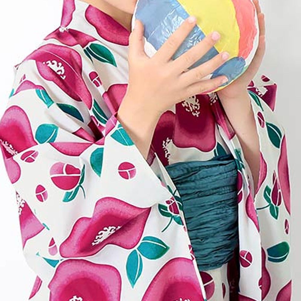日本 devirock - 純棉夏日祭典花朵浴衣兵兒帶2件組-椿花-粉x綠