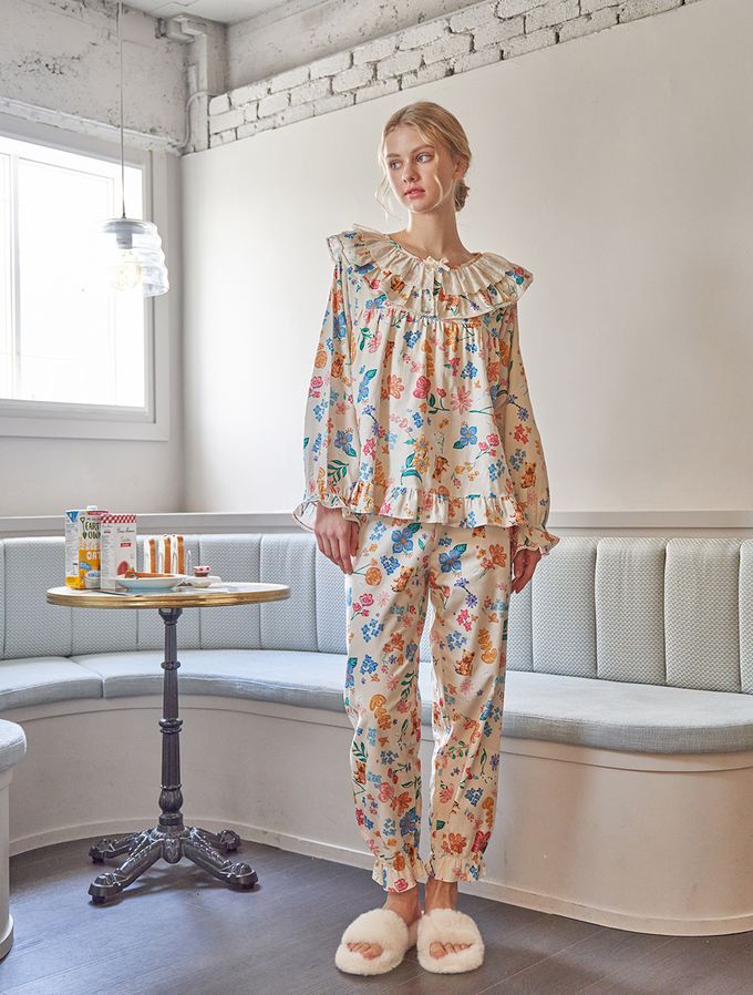 韓國 ULLALA - 童話熊花園荷葉領長袖睡衣套裝-淡黃 (FREE)