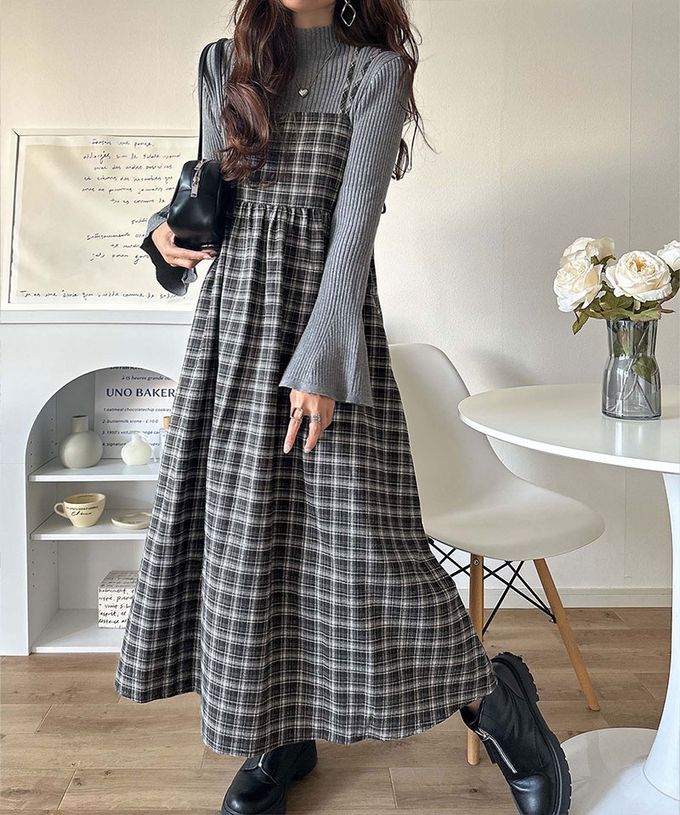 日本 Classical Elf - 學院風格紋甜美雙吊帶洋裝-咖啡