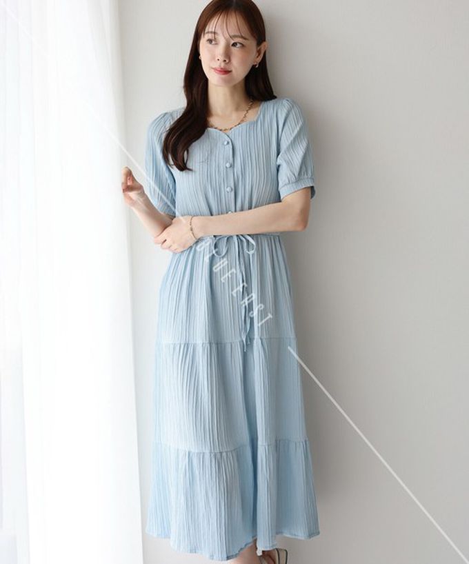 日本 BLUE EAST - 桃心領氣質分層短袖洋裝-卡其