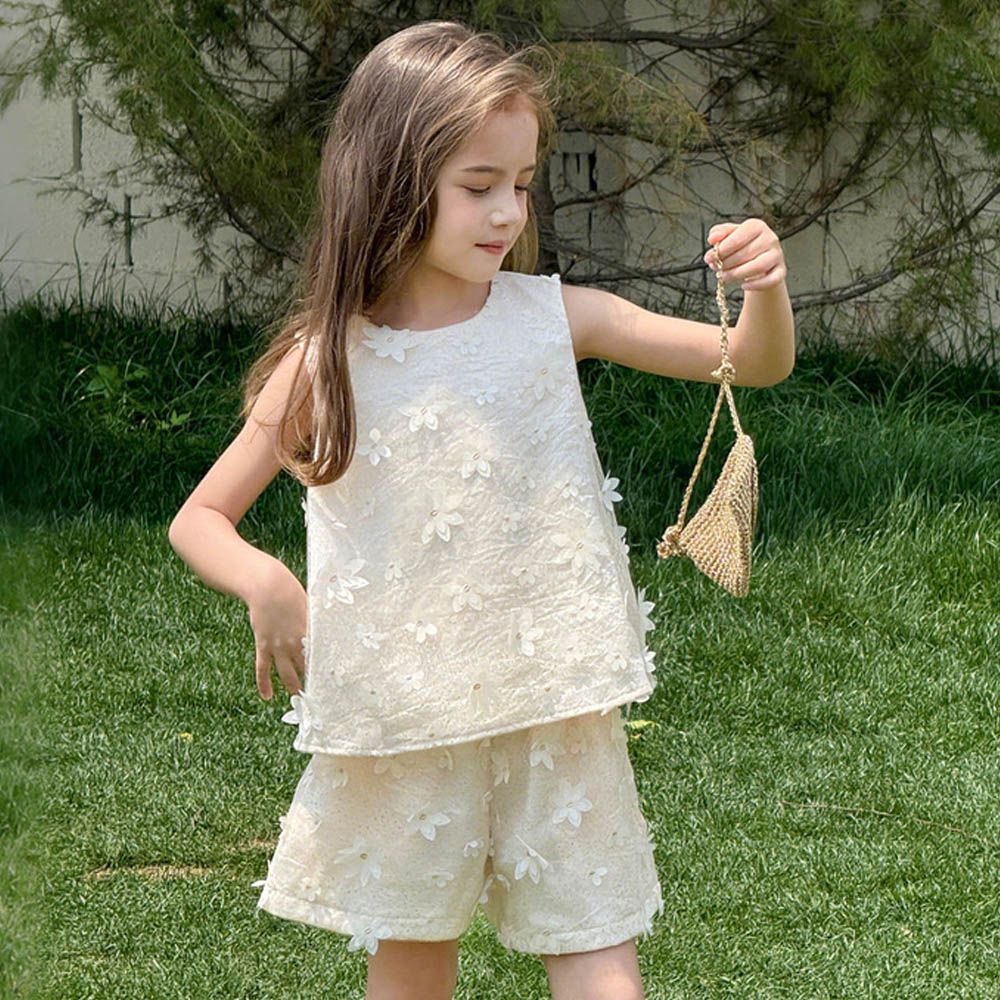 夢幻靈動網紗背心+短褲套裝-立體花朵-米杏