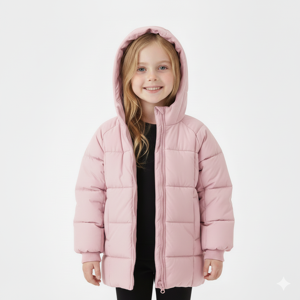 中長款保暖鋪棉連帽外套-格子壓紋-粉色