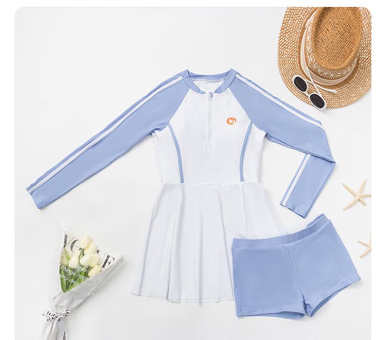 大童女孩運動風長袖連身裙泳衣-拼色款-藍+白