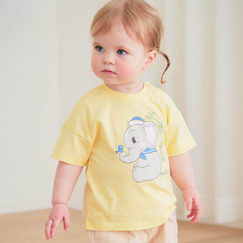可愛大象圖案純棉短袖上衣-黃