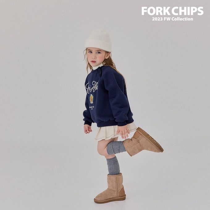 韓國 FORK CHIPS - (內磨毛)刺繡點綴圓領大學T-深藍