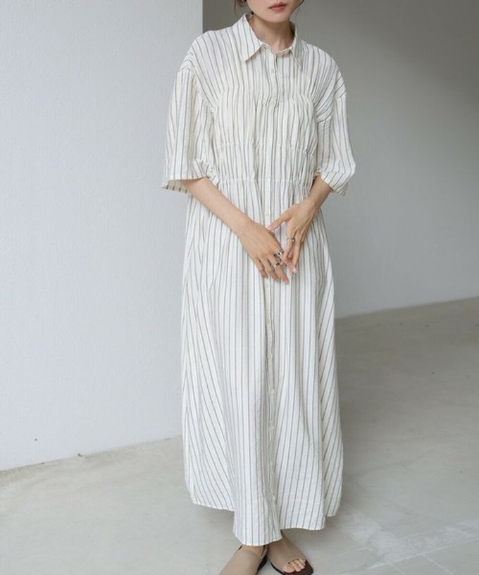 日本 Bab - 時尚抓皺襯衫式五分袖洋裝-條紋-藍