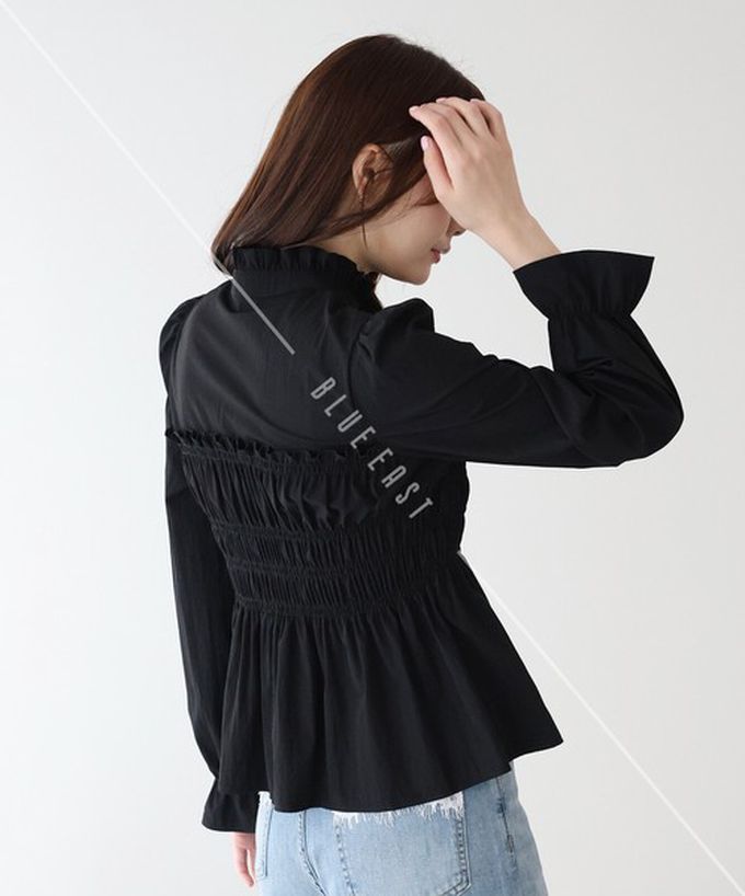 日本 BLUE EAST - 小立領荷葉皺摺束腰長袖襯衫-黑