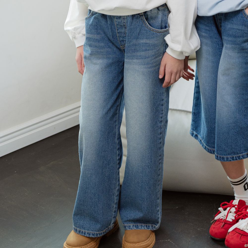 sm2 鬆緊腰水洗刷色寬鬆丹寧褲-中青