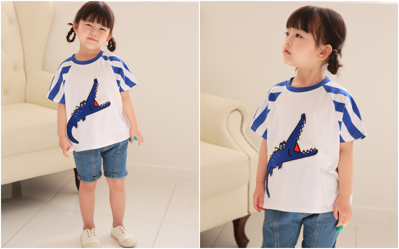 韓國 Coco rabbit - 條紋相間袖刺繡鱷魚T-藍